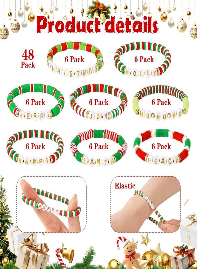 yesaior 48 Pcs Christmas Bracelets Bulk Festive Polymer Clay Beaded Bracelets Joy Merry HoHoHo Santa Holly Peace Stretch Jewelry Gifts Party Favors for Holiday Friend (Christmas) - Image 2